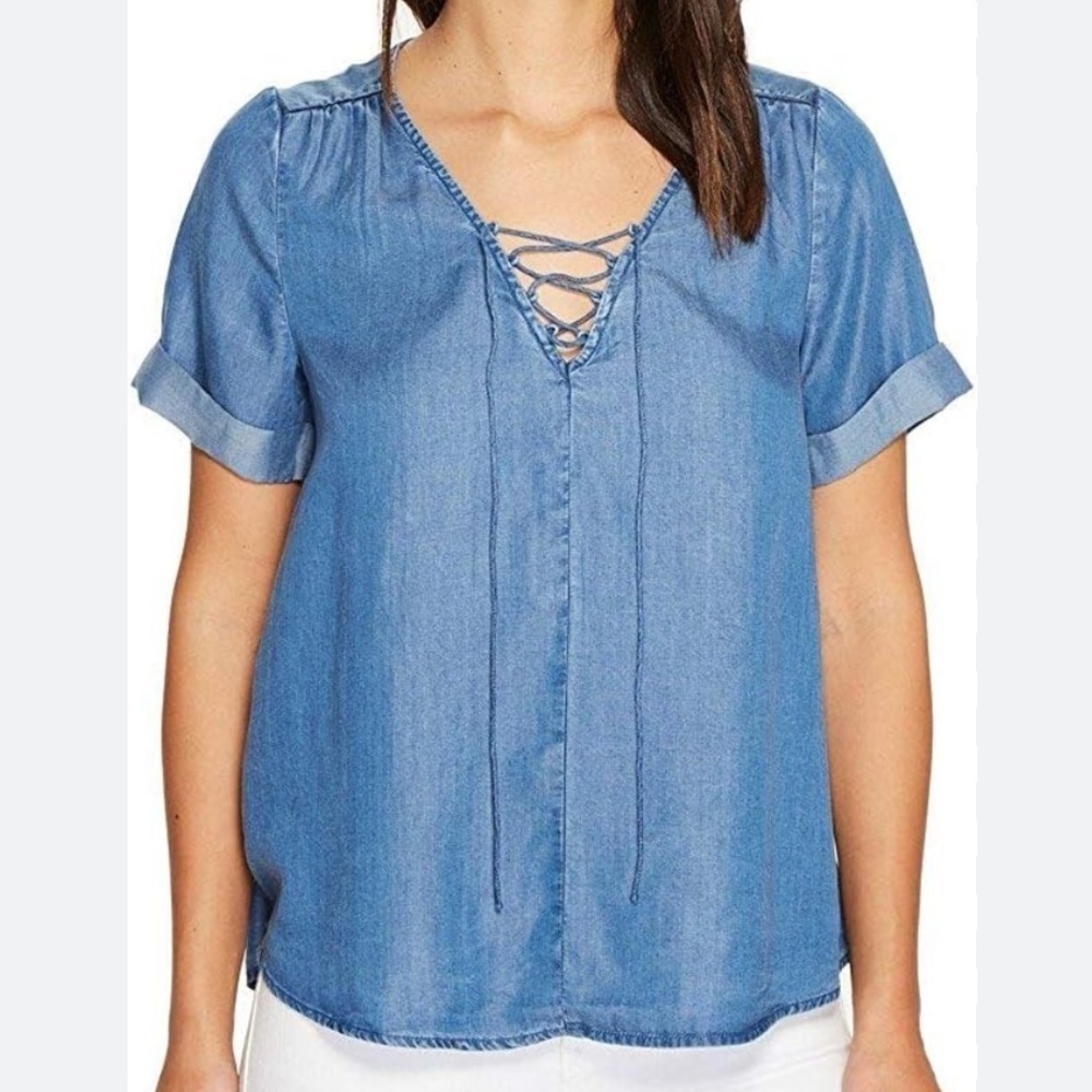 Lucky Brand Womens Short Sleeve Peasant Top Laceup Neckline Viscose Chambray M